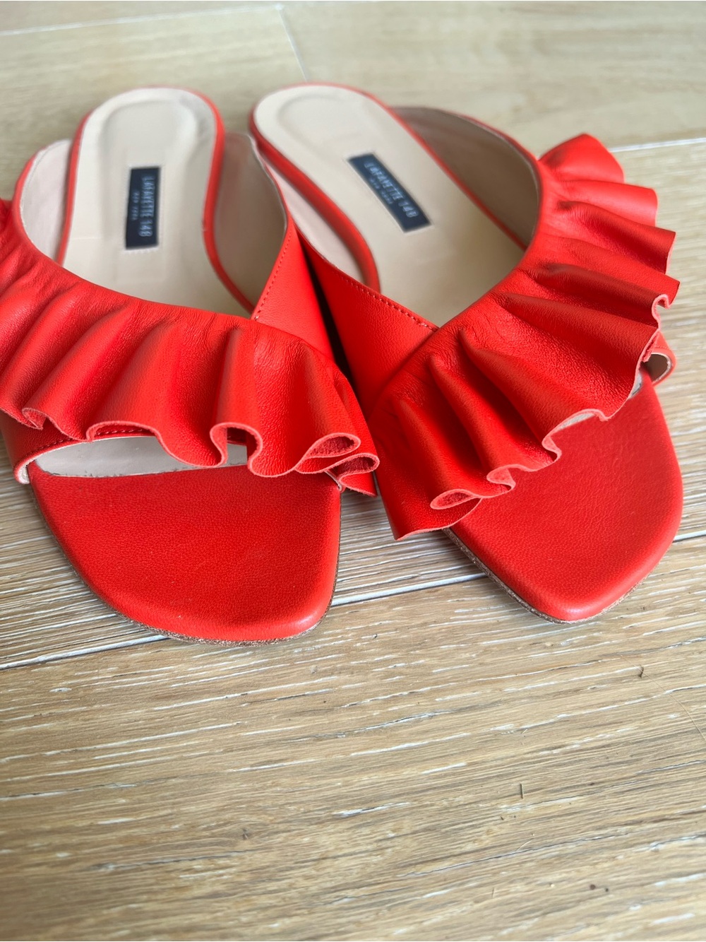 Lafayette 148 New York Red Leather Flats ruffled strap detail